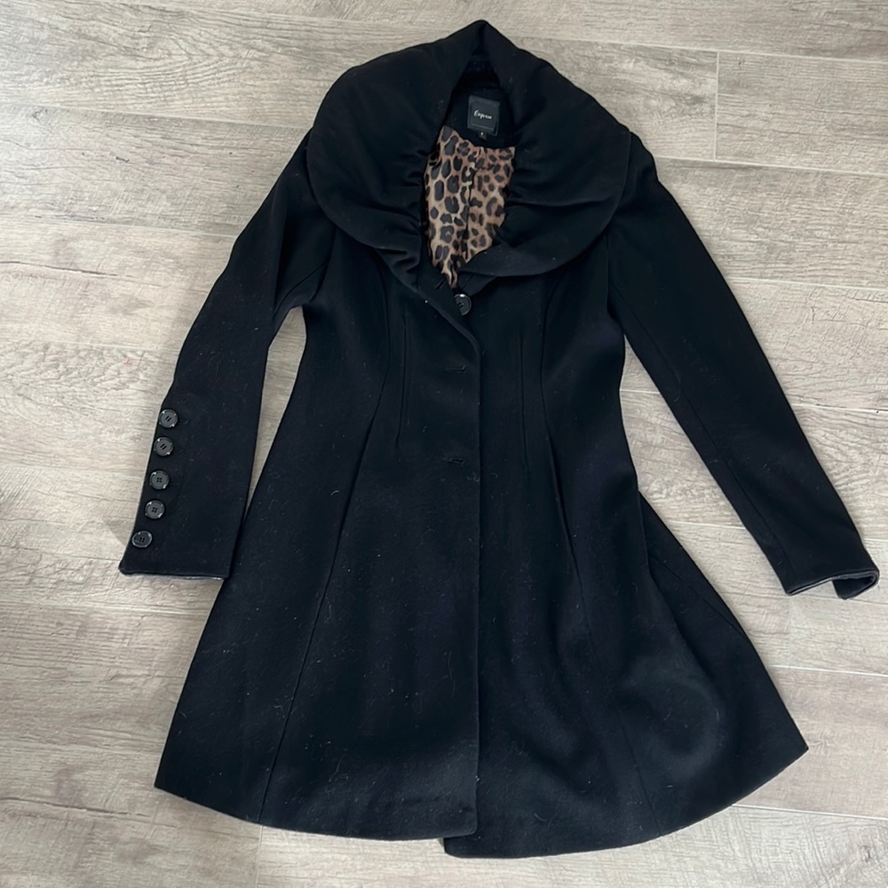 Express long black winter coat with ruched collar detail